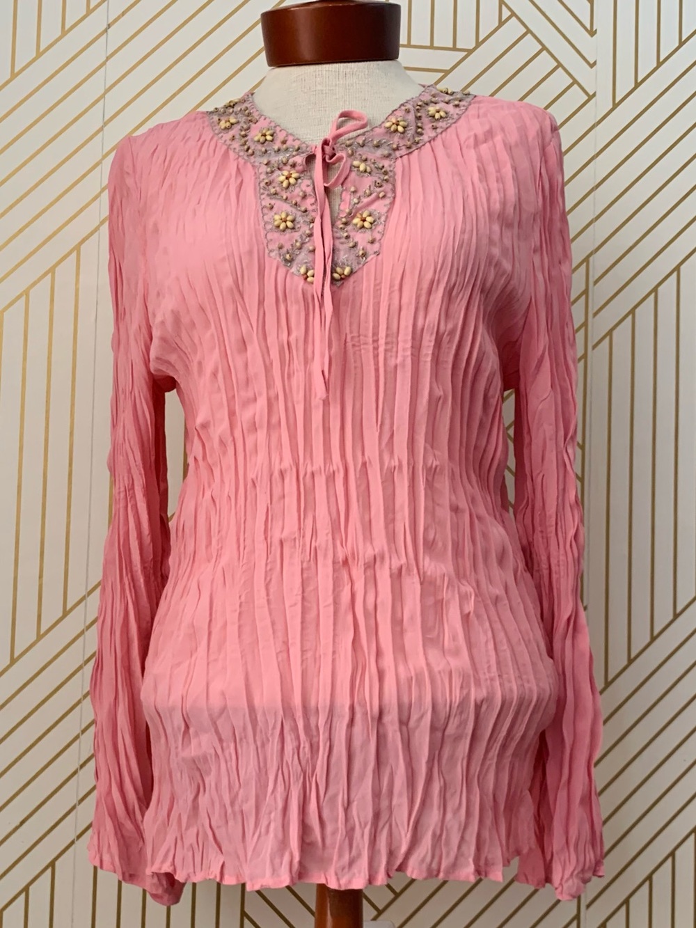 VTG vintage crinkle beaded boho bohemian fairy core Renfair chiffon blouse Y2K M